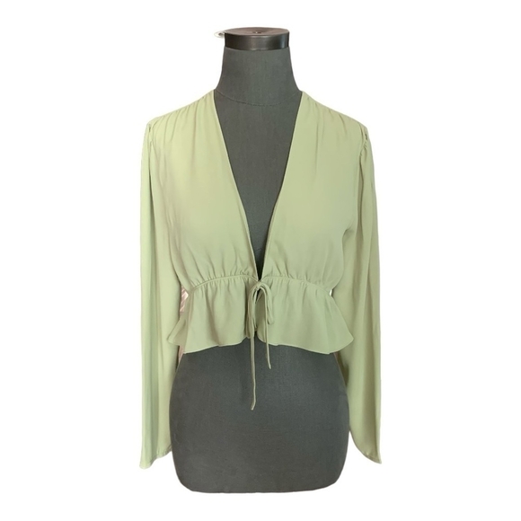 Women’s Top Aritzia Sunday Best Tie Front Top Light Green Sheer Ruffled Blouse - Picture 3 of 7
